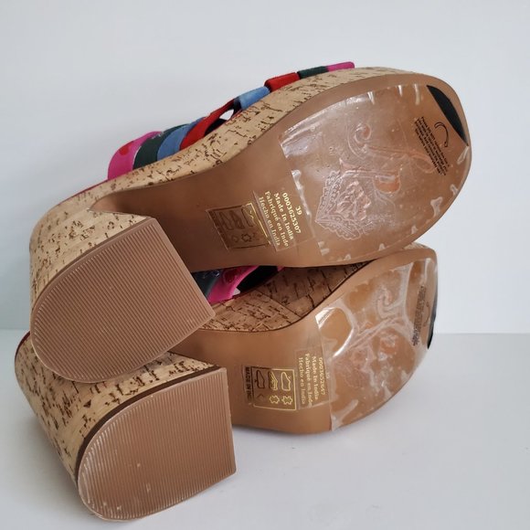 FREE PEOPLE Embroidered Woven  Leather Platform Slip Ons Cork Wedges Boho Mules - Picture 8 of 10